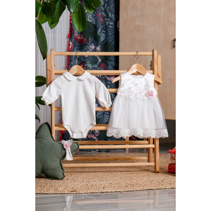 SİMLİ ÇİÇEKLİ DANTELLİ BADİLİ BANDANALI BEBE MEVLÜTLÜK KIZ ELBİSE