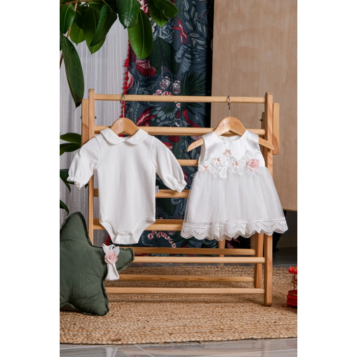 SİMLİ ÇİÇEKLİ DANTELLİ BADİLİ BANDANALI BEBE MEVLÜTLÜK KIZ ELBİSE