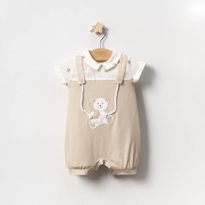 YAZLIK YILDIZ BASKILI AYICIK NAKIŞLI İPLİ BEBE ERKEK TULUM