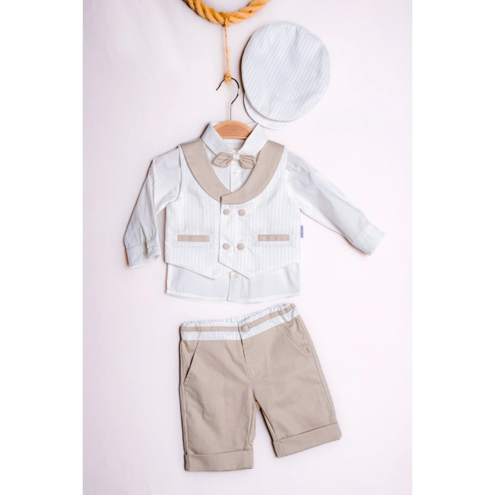 YAZLIK YELEKLİ PAPYONLU ŞAPKALI 3LÜ BEBE ERKEK TAKIM