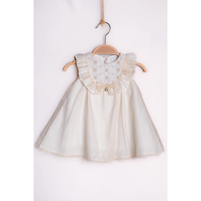 YAZLIK SIFIR KOL ÇİÇEK NAKIŞLI BEBE KIZ ELBİSE