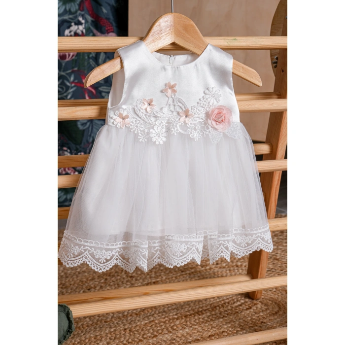 SİMLİ ÇİÇEKLİ DANTELLİ BADİLİ BANDANALI BEBE MEVLÜTLÜK KIZ ELBİSE