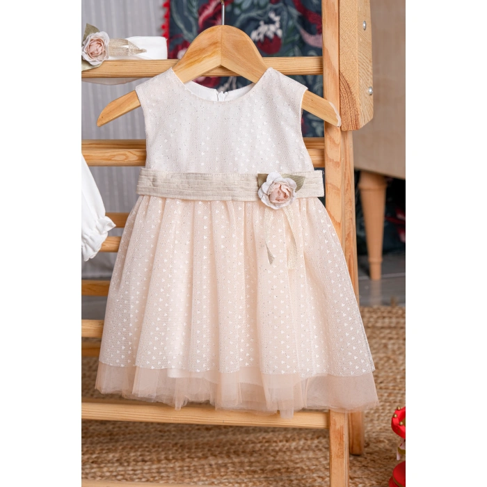 SİMLİ TÜLLÜ ÇİÇEK AKSESUARLI BEBE KIZ MEVLÜTLÜK BADİLİ BANDANALI ELBİSE