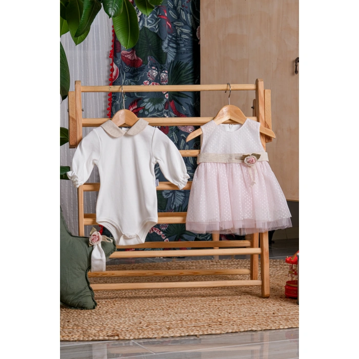 SİMLİ TÜLLÜ ÇİÇEK AKSESUARLI BEBE KIZ MEVLÜTLÜK BADİLİ BANDANALI ELBİSE