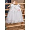 SİMLİ ÇİÇEKLİ DANTELLİ BADİLİ BANDANALI BEBE MEVLÜTLÜK KIZ ELBİSE