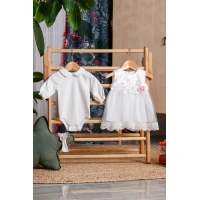 SİMLİ ÇİÇEKLİ DANTELLİ BADİLİ BANDANALI BEBE MEVLÜTLÜK KIZ ELBİSE