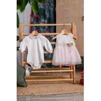 SİMLİ TÜLLÜ ÇİÇEK AKSESUARLI BEBE KIZ MEVLÜTLÜK BADİLİ BANDANALI ELBİSE