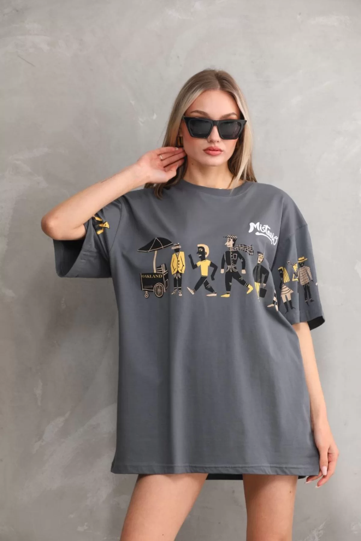 Oversize Bisiklet Yaka Baskılı T-Shirt