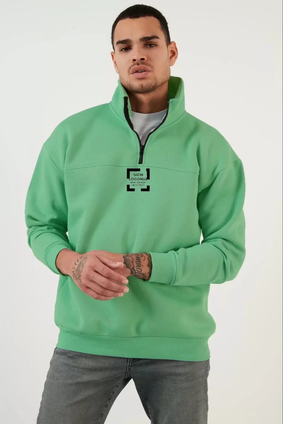 Toptan Oversize Yarım Farmuarlı Yakalı Özel Tasarım Basic SweatShirt