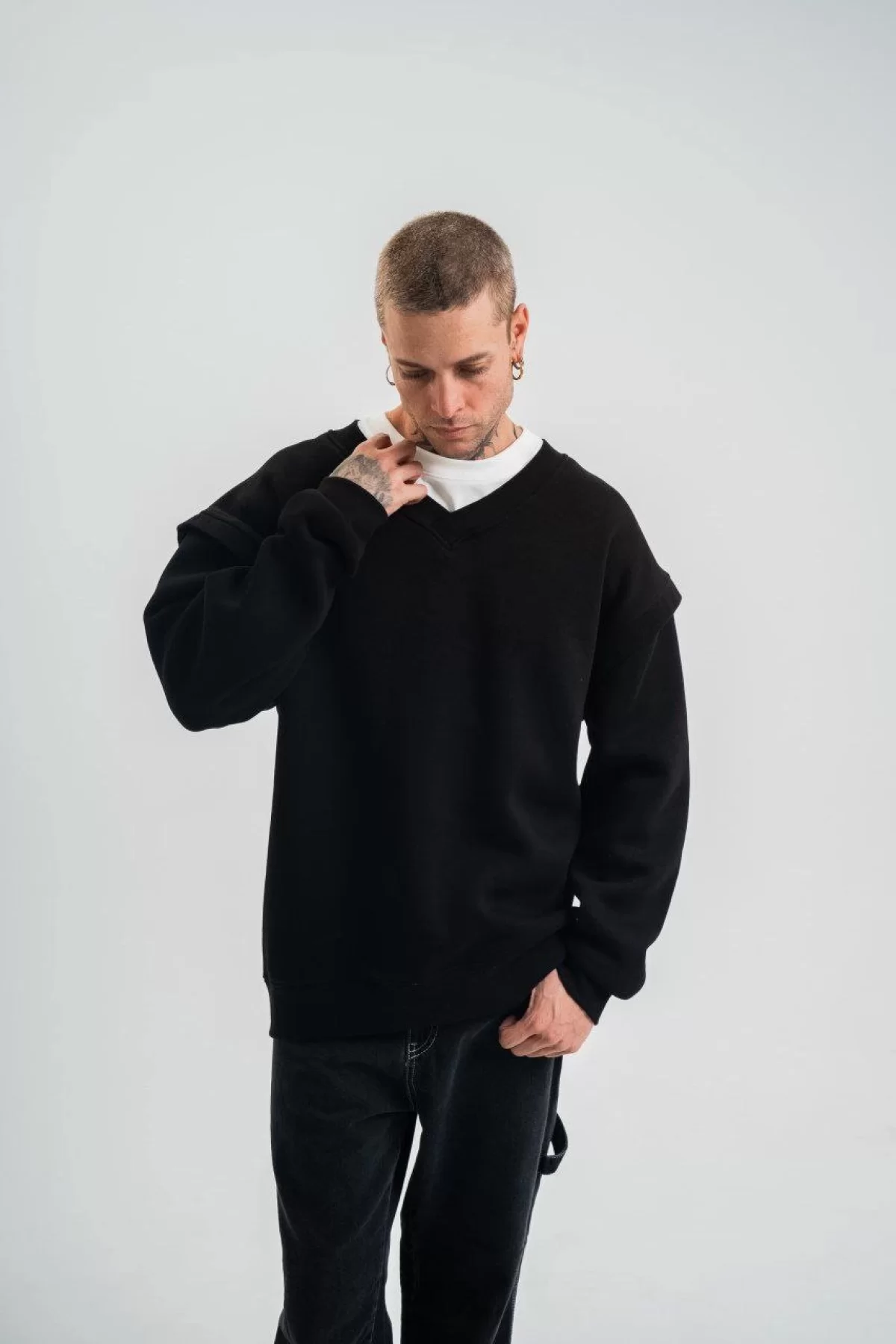 Toptan V yaka Kol Ribana Detaylı SweatShirt