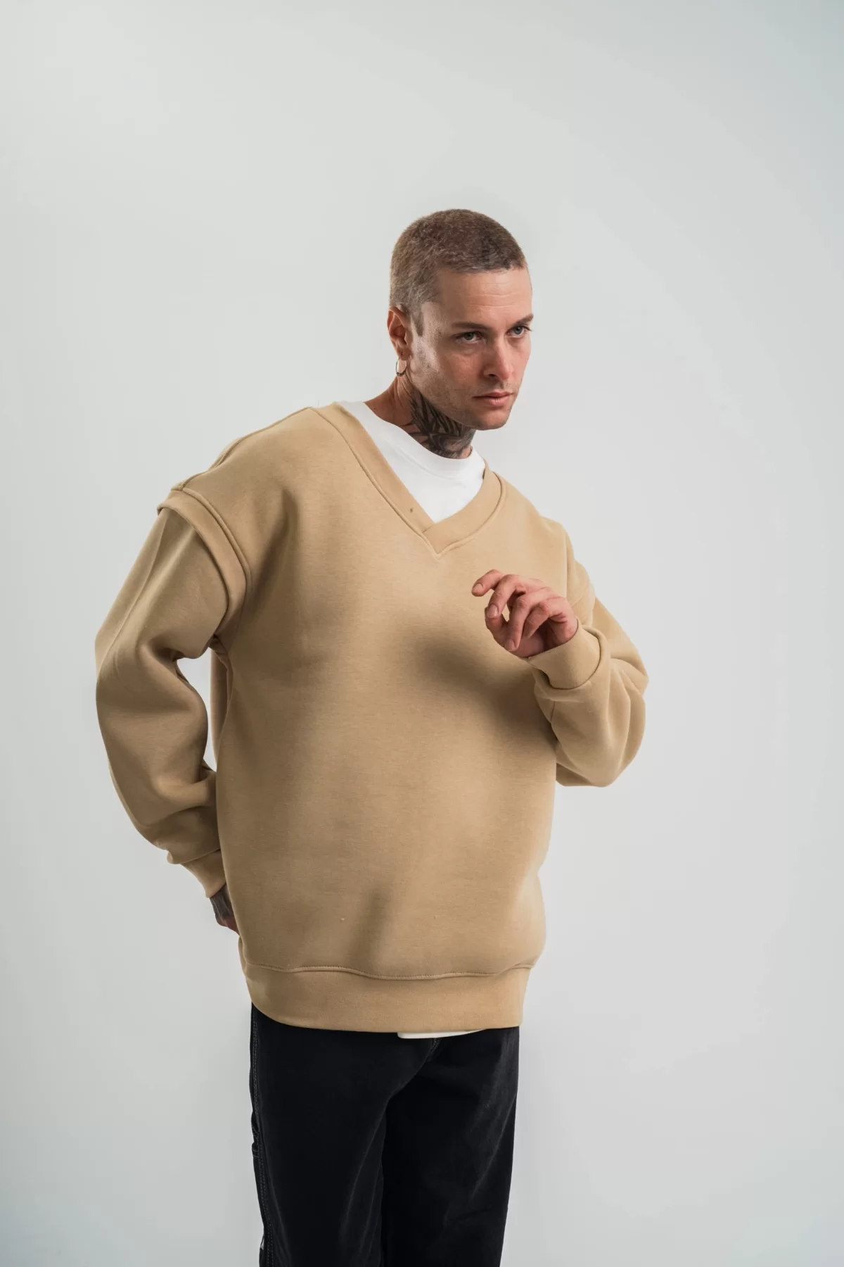 Toptan V yaka Kol Ribana Detaylı SweatShirt