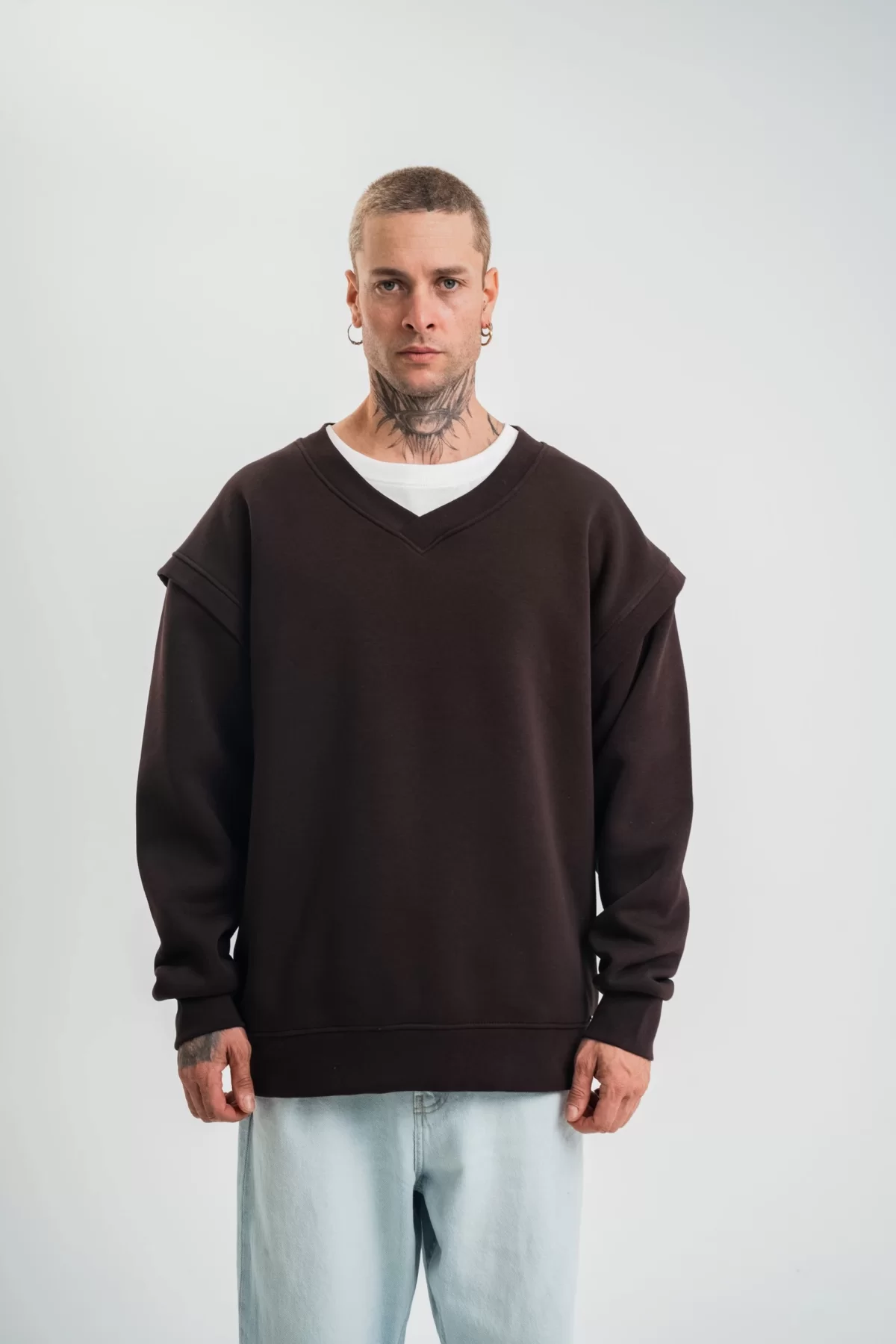 Toptan V yaka Kol Ribana Detaylı SweatShirt