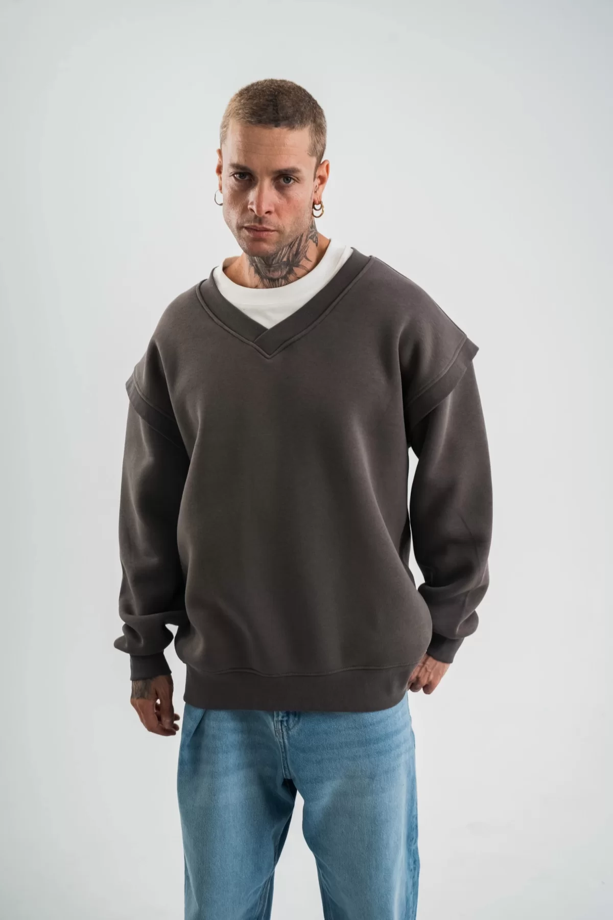 Toptan V yaka Kol Ribana Detaylı SweatShirt