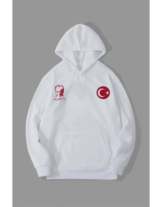 10 Kasıma Özel Üç İplik Kapşonlu Baskılı SweatShirt - Beyaz