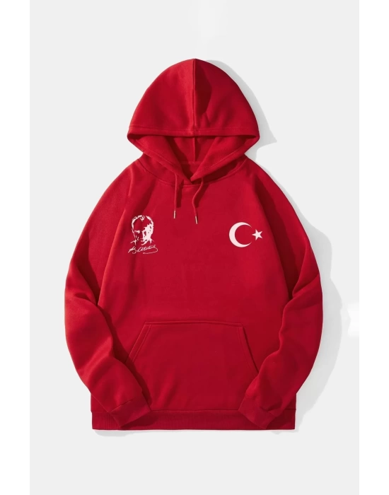 10 Kasıma Özel Üç İplik Kapşonlu Baskılı SweatShirt - Kırmızı