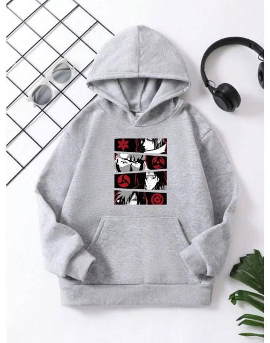 Çocuk Unisex Kapüşonlu Anime Baskılı Sweatshirt - Gri