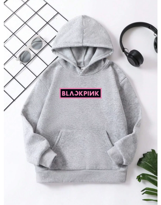 Çocuk Unisex Kapüşonlu Blackpink Baskılı Pamuklu Sweatshirt - Gri