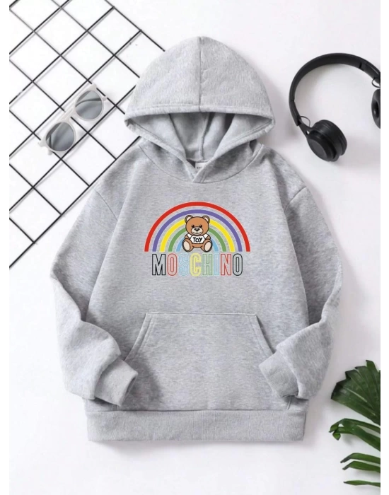 Çocuk Unisex Kapüşonlu Büyük Gökkuşağı Baskılı Pamuklu Sweatshirt - Gri