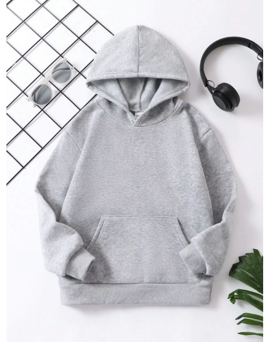 Çocuk Unisex Kapüşonlu Düz Renk Pamuklu Sweatshirt - Gri