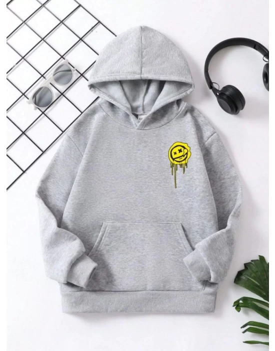 Çocuk Unisex Kapüşonlu Emoji Baskılı Sweatshirt - Gri