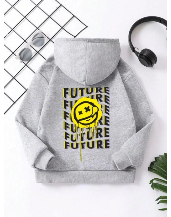 Çocuk Unisex Kapüşonlu Emoji Baskılı Sweatshirt - Gri