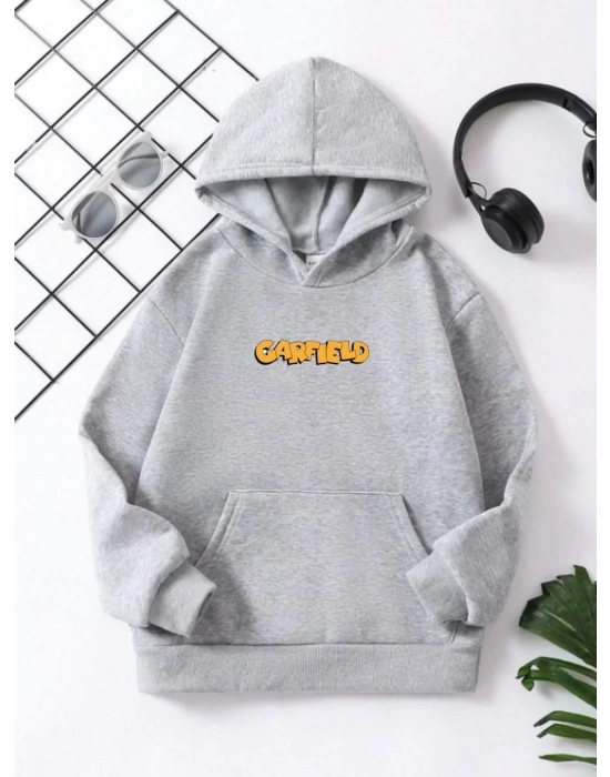 Çocuk Unisex Kapüşonlu Garfield Baskılı Sweatshirt - Gri