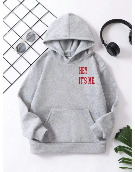 Çocuk Unisex Kapüşonlu Hey Its Me Baskılı Pamuklu Sweatshirt - Gri