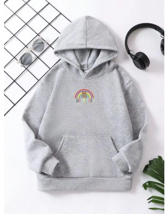 Çocuk Unisex Kapüşonlu Küçük Gökkuşağı Baskılı Sweatshirt - Gri