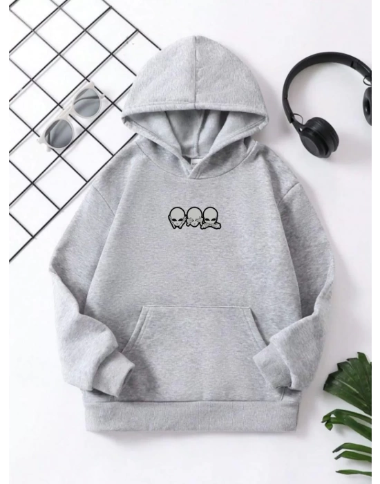 Çocuk Unisex Kapüşonlu Mini Kafa Baskılı Pamuklu Sweatshirt - Gri