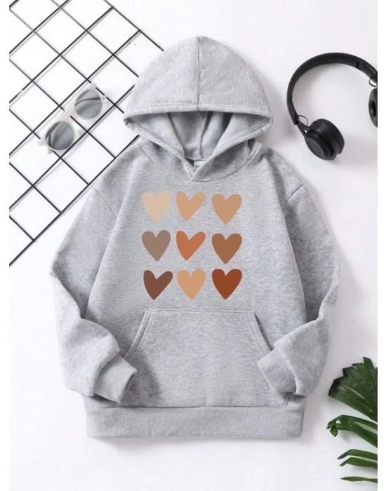 Çocuk Unisex Kapüşonlu Mini Kalpli Baskılı Sweatshirt - Gri