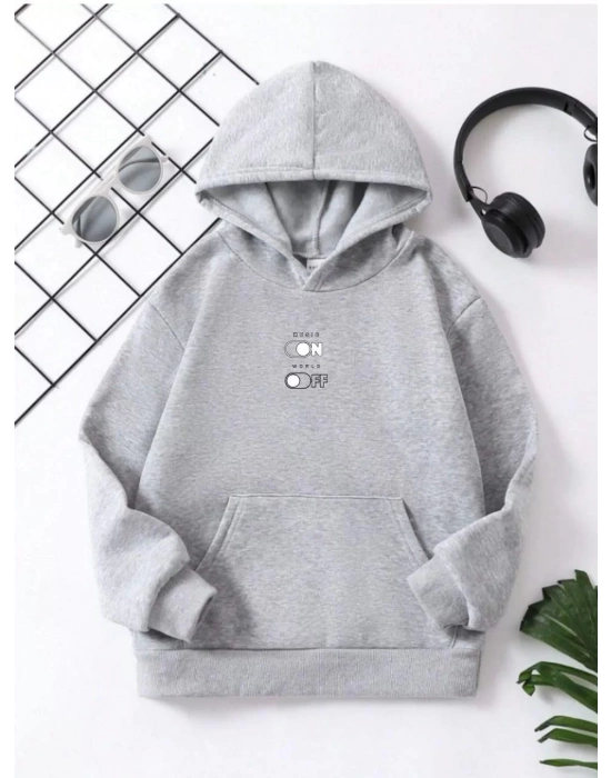 Çocuk Unisex Kapüşonlu Music ON-OFF Baskılı Sweatshirt - Gri