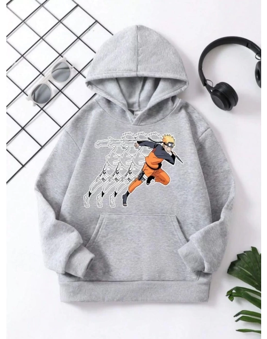 Çocuk Unisex Kapüşonlu Naruto Baskılı Pamuklu Sweatshirt - Gri