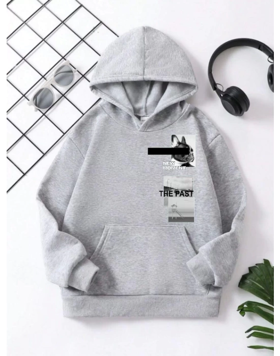 Çocuk Unisex Kapüşonlu NEW MOMENT Baskılı Pamuklu Sweatshirt - Gri