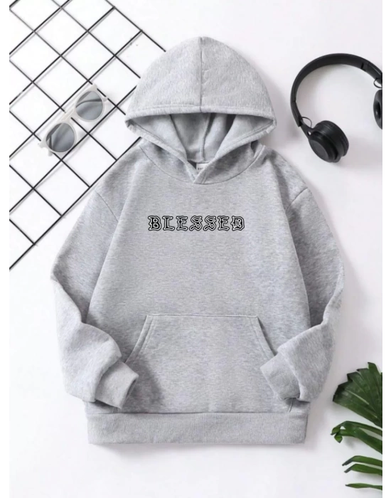 Çocuk Unisex Kapüşonlu Ön ve Arka Blessed Baskılı Pamuklu Sweatshirt - Gri