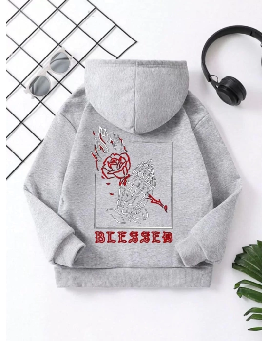 Çocuk Unisex Kapüşonlu Ön ve Arka Blessed Baskılı Pamuklu Sweatshirt - Gri