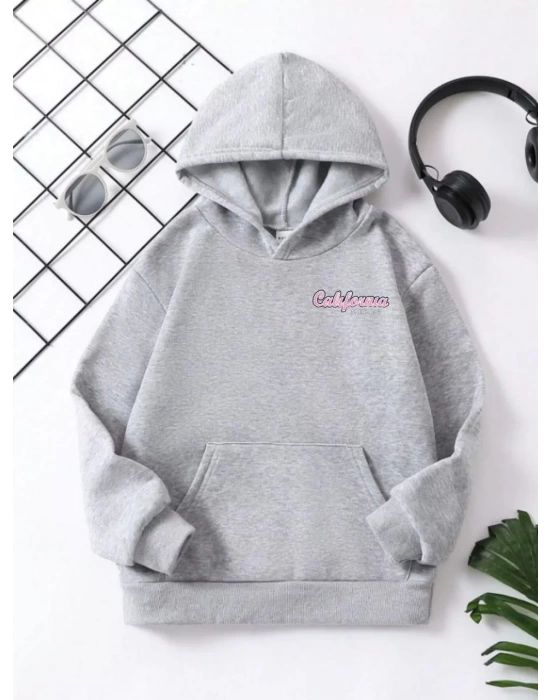 Çocuk Unisex Kapüşonlu Ön ve Arka California Baskılı Sweatshirt - Gri