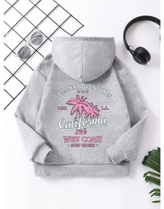 Çocuk Unisex Kapüşonlu Ön ve Arka California Baskılı Sweatshirt - Gri