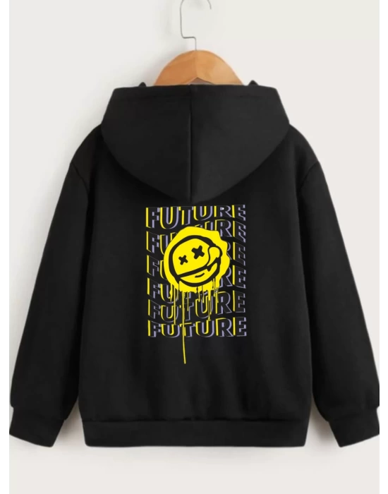 Çocuk Unisex Kapüşonlu Ön ve Arka Emoji Baskılı Sweatshirt - Siyah