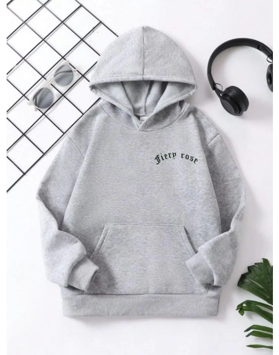 Çocuk Unisex Kapüşonlu Ön ve Arka Fiery Rose Baskılı Sweatshirt - Gri