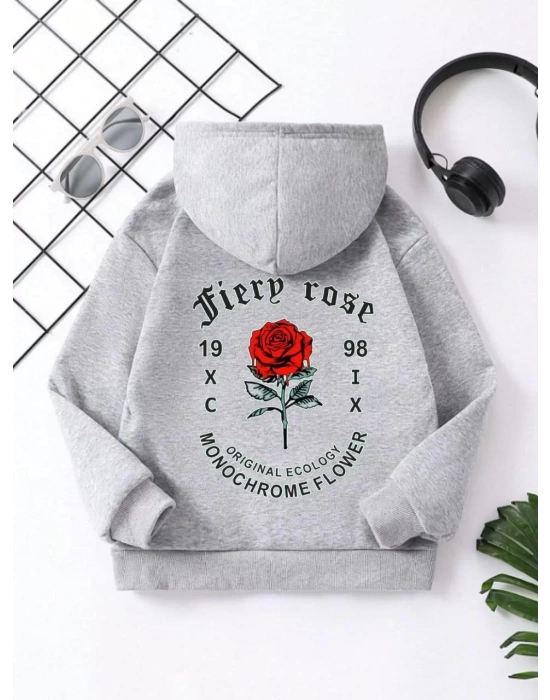 Çocuk Unisex Kapüşonlu Ön ve Arka Fiery Rose Baskılı Sweatshirt - Gri