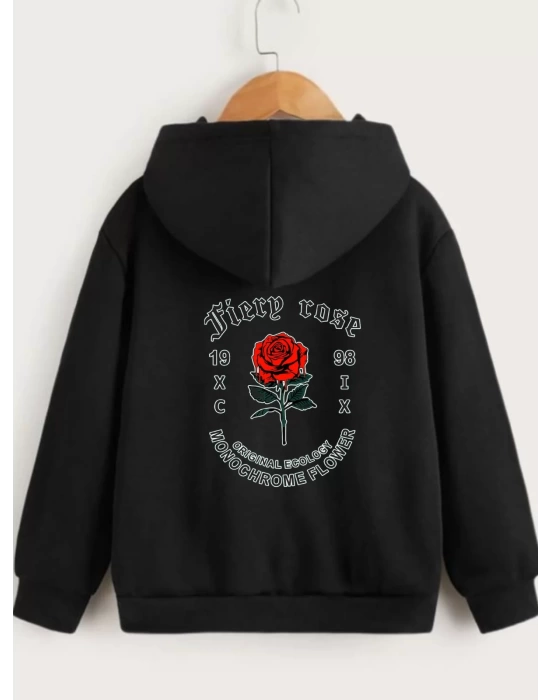 Çocuk Unisex Kapüşonlu Ön ve Arka Fiery Rose Baskılı Sweatshirt - Siyah