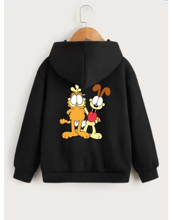 Çocuk Unisex Kapüşonlu Ön ve Arka Garfield Baskılı Sweatshirt - Siyah