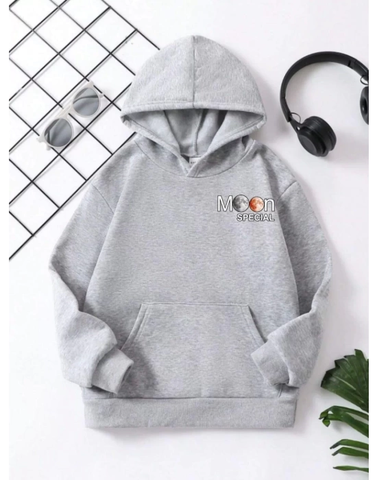 Çocuk Unisex Kapüşonlu Ön ve Arka Moon Special Baskılı Sweatshirt - Gri