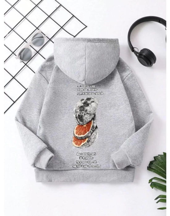 Çocuk Unisex Kapüşonlu Ön ve Arka Moon Special Baskılı Sweatshirt - Gri