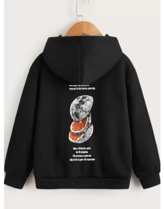 Çocuk Unisex Kapüşonlu Ön ve Arka Moon Special Baskılı Sweatshirt - Siyah