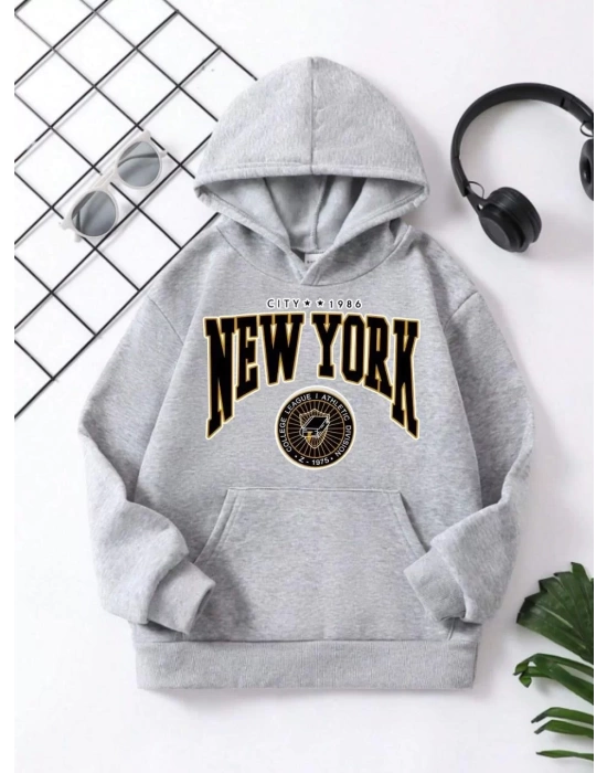 Çocuk Unisex Kapüşonlu Sarı New York Baskılı Pamuklu Sweatshirt - Gri