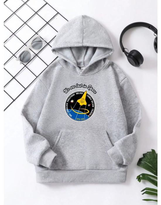 Çocuk Unisex Kapüşonlu Space Baskılı Pamuklu Sweatshirt - Gri