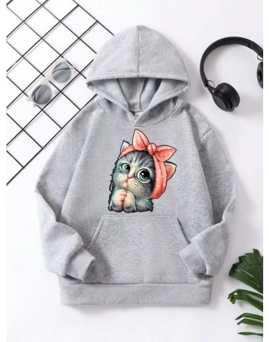 Çocuk Unisex Kapüşonlu Tatlı Kedi Baskılı Pamuklu Sweatshirt - Gri