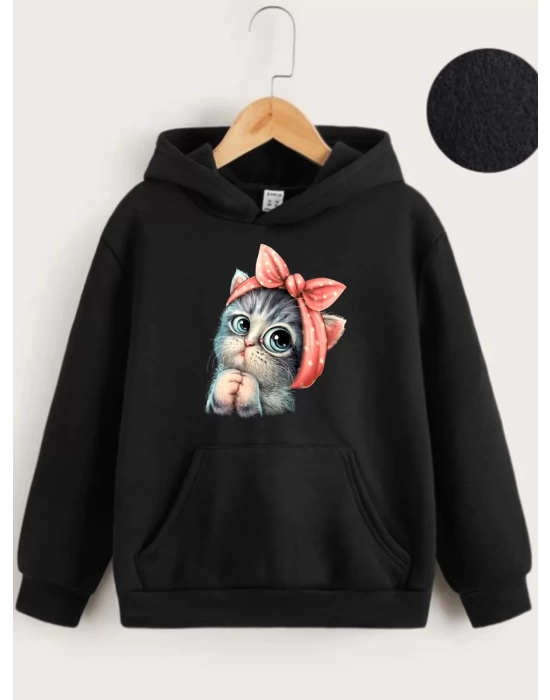 Çocuk Unisex Kapüşonlu Tatlı Kedi Baskılı Sweatshirt - Siyah