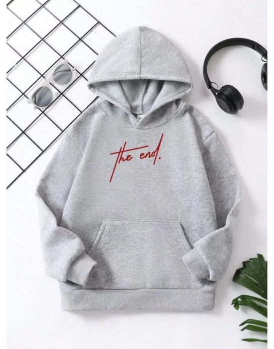 Çocuk Unisex Kapüşonlu The End Baskılı Pamuklu Sweatshirt - Gri